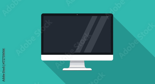 A modern flat design illustration of a computer monitor with a sleek white bezel and a dark screen, casting a long shadow on a teal background