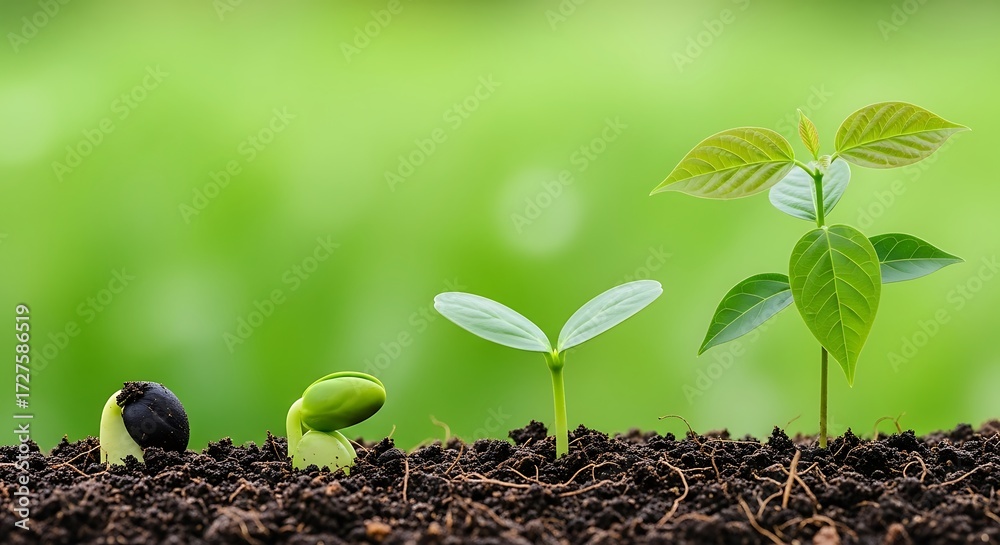 Naklejka premium Witness the incredible journey of growth from a tiny seed to a flourishing plant, symbolizing new beginnings and potential.