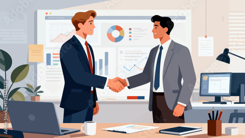 Business people in suits are in the office, shaking hands and working together, hand-drawing vector illustrations