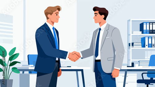 Business people in suits are in the office, shaking hands and working together, hand-drawing vector illustrations