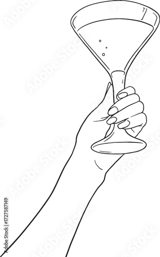 An elegant, minimal line art drawing of a hand holding up a Martini or cocktail glass. This clean black and white vector is perfect for themes of luxury, party, bar, celebration, glamour.