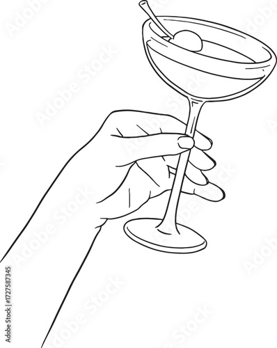 A hand-drawn outline of a hand holding a classic Coupe cocktail glass, garnished with a cherry or olive. Minimalist black and white vector illustration for themes of party, vintage bar, luxury.