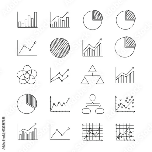 Vector art of various types of chart and graph icons in line art style, , representing data visualization and statistical analysis