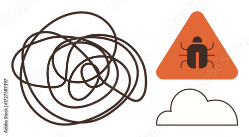 Tangled messy lines for confusion, triangular bug alert for danger, and cloud shape for storage. Ideal for technology, problem-solving, cybersecurity, data issues, internet risk, debugging