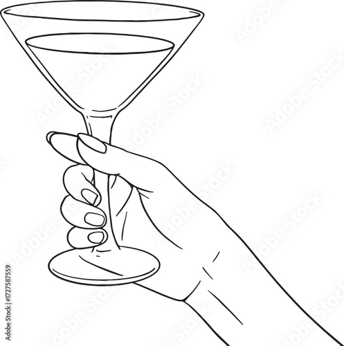 An elegant, minimal line art drawing of a hand holding up a Martini or cocktail glass. This clean black and white vector is perfect for themes of luxury, party, bar, celebration, glamour.