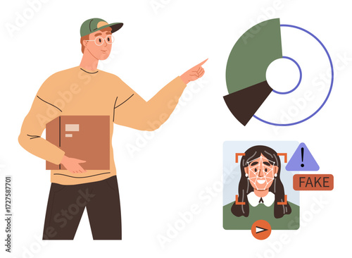 Man holding a file and pointing at a chart alongside deepfake detection software interface. Ideal for cyber security, technology solutions, artificial intelligence, data analysis, online security