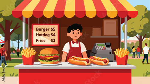 Flat Vector Fast Food Stand with Burgers, Hotdogs and Fries