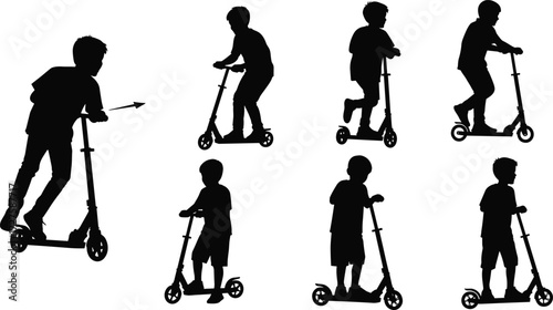 Silhouette of kids riding scooter, children outdoor activity, boy with kick scooter, healthy lifestyle, fun play, transportation, leisure vector illustration
