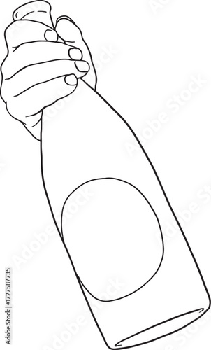 An outlined, hand-drawn illustration of a hand firmly holding a bottle of champagne or sparkling wine, ready to celebrate. Minimalist black and white vector perfect for party, luxury, event.
