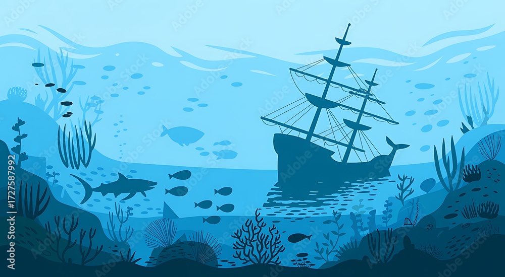 Obraz premium Silhouette of Sunken Ship with Shark and Fish Underwater shipwreck ocean