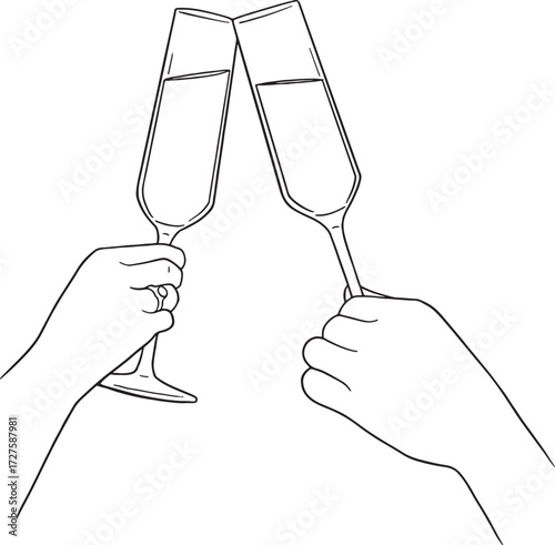 A clean, hand-drawn outline of two hands toasting with champagne flutes. This black and white vector illustration is perfect for concepts of luxury, new year, wedding, celebration, and festive events.