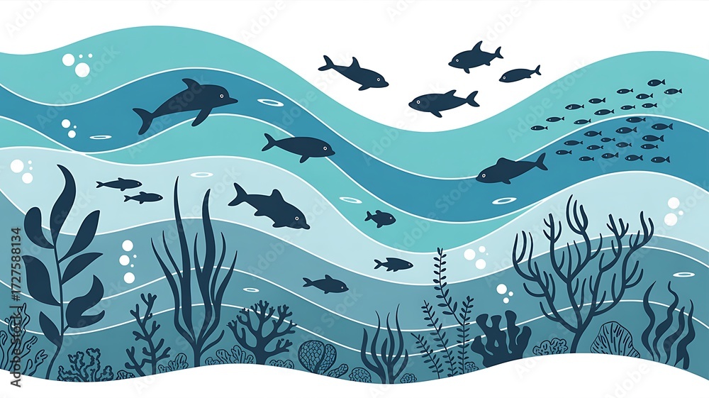 Fototapeta premium Stylized Ocean Waves with Dolphins, Fish, and Underwater Plants blue