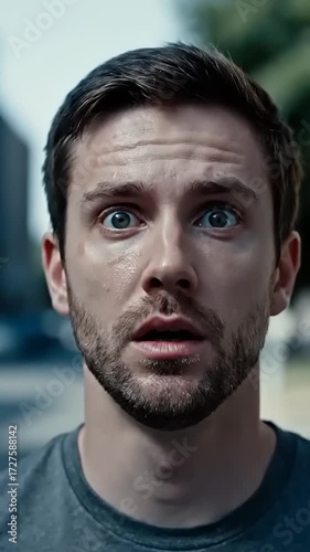 A surprised man standing in an urban street, with buildings and blurred cars in the background