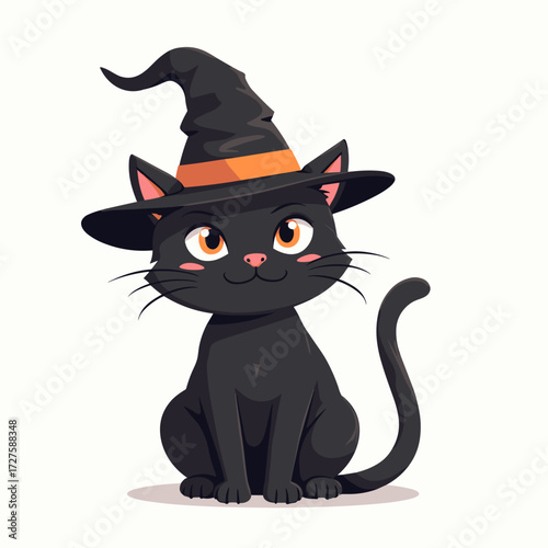 Black cat wearing witch hat sitting happily for Halloween  