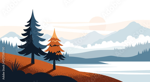 A serene landscape illustration featuring two pine trees on a hill overlooking a calm lake with distant mountains under a soft, hazy sky