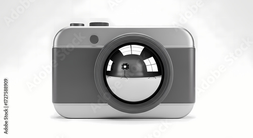 Digital camera with reflective lens in clean studio lighting on white background for technology and photography.