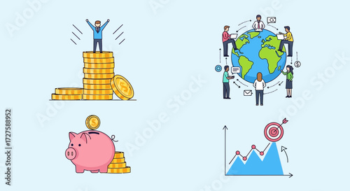A collection of four flat design illustrations depicting financial success, global business collaboration, savings with a piggy bank, and business growth charts with targets