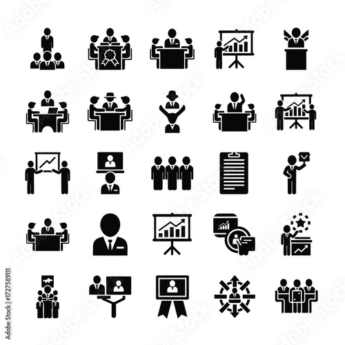 Vector art of business meeting icons present a diverse range of corporate interactions and presentations in a clean, minimalist style