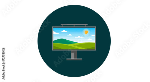A digital billboard displays a vibrant landscape scene with rolling green hills under a sunny blue sky with fluffy clouds