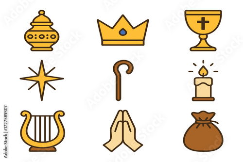 Collection of religious symbols including crown chalice star lyre and praying hands