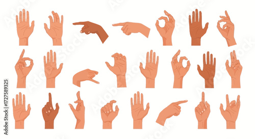 A diverse collection of human hands displaying various gestures and signs, representing communication and expression through body language