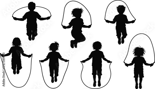 Children jumping rope silhouette, kids skipping rope, fitness activity, healthy lifestyle, exercise concept, childhood play, outdoor activity, sports illustration