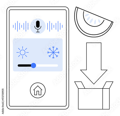 Smart home interface with voice command, temperature slider, home icon, fruit slice, download arrow, and box. Ideal for technology, innovation, comfort home automation customization IoT