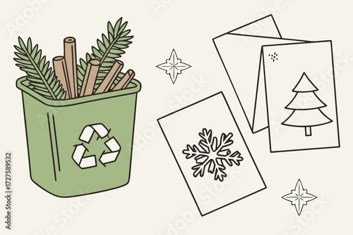 Green recycling bin with pine needles and cinnamon sticks