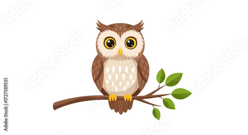A cute cartoon owl with big yellow eyes sits perched on a brown branch with green leaves, isolated on a white background
