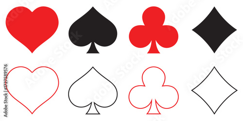Playing Card Suits Icon Set – Hearts, Diamonds, Clubs, Spades Symbols Vector Illustration