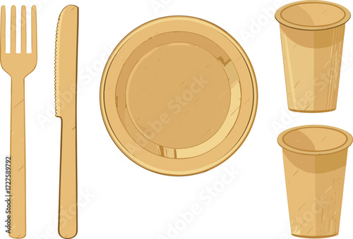 Wooden fork knife plate and two cups vector