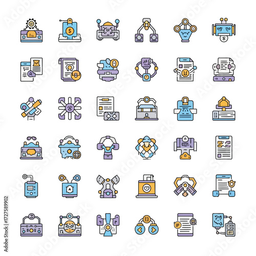 Vector art of set of ai and automation icons, representing various aspects of artificial intelligence and automated processes