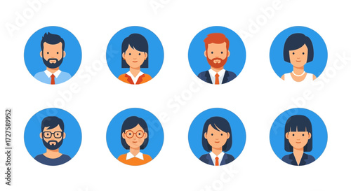 A diverse collection of eight professional avatars, featuring men and women with various hairstyles and attire, presented in circular profile icons against a clean white background