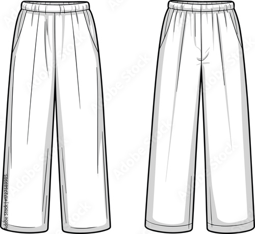 Loose fit wide leg elastic waist pants flat sketch fashion vector template front and back view for apparel design illustration mockup