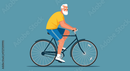 A cheerful elderly man with a white beard enjoys a healthy outdoor activity as he rides his bicycle on a clear day