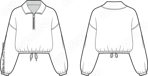 Women cropped pullover jacket fashion template, half zip long sleeve with drawstring hem, front and back view, blank vector apparel design