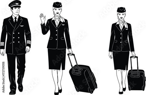 Airline crew silhouette vector set, pilot and flight attendant icons, black outline style, travel uniform illustration, aviation staff design