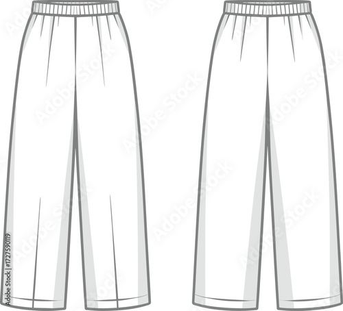 Wide leg straight cut elastic waistband pants flat sketch vector fashion template front and back view for apparel design illustration mockup