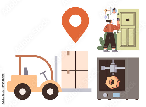 Forklift moving boxes, home delivery secured by code access lock, 3D printer creating object. Ideal for logistics, manufacturing, technology, delivery, security supply chain automation. Simple flat