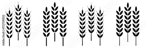 Wheat Ears Icon Set – Agriculture Grain Symbols, Farm Harvest Vector Illustration