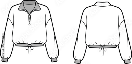 Women cropped pullover sweatshirt fashion template, half zip long sleeve with contrast cuffs and drawstring hem, front and back blank vector design