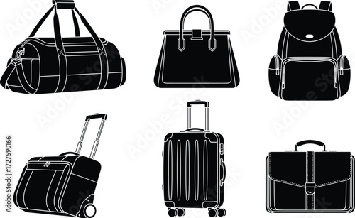 Bag silhouette vector set, travel luggage icons, black outline style, duffel, backpack, suitcase, briefcase, minimal design illustration