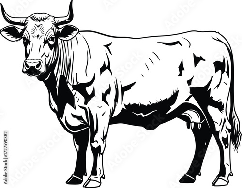 Bull silhouette vector illustration, muscular livestock icon, black outline style, realistic cattle anatomy, farm animal design, bold graphic artwork