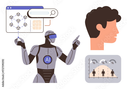 Futuristic robot labeled AI interacting with data interface, human head profile, and a population distribution chart. Ideal for AI, technology, data science, robotics, analytics, research