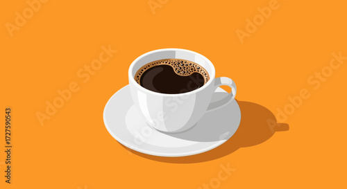 A steaming cup of black coffee sits on a matching saucer, casting a subtle shadow on the vibrant orange background, evoking a sense of warmth and morning energy