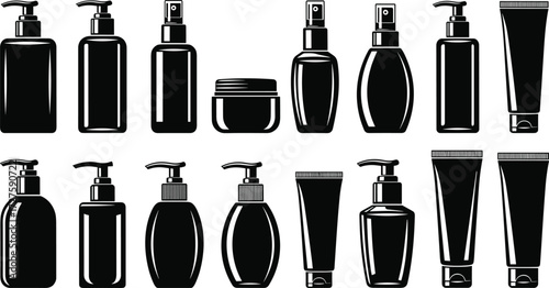 Cosmetic container silhouette vector set, toiletry packaging icons, pump spray jar tube shapes, black outline style, minimal design pack