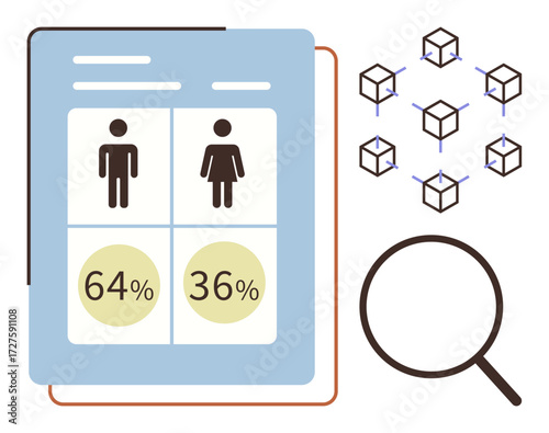 Gender ratio statistics displayed on a document, magnifying glass for analysis, and interconnected blocks symbolizing a blockchain network. Ideal for data analysis, demographics, gender studies
