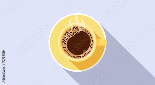 A steaming cup of hot coffee sits in a yellow saucer, viewed from directly above with a long shadow cast, presented in a flat design illustration