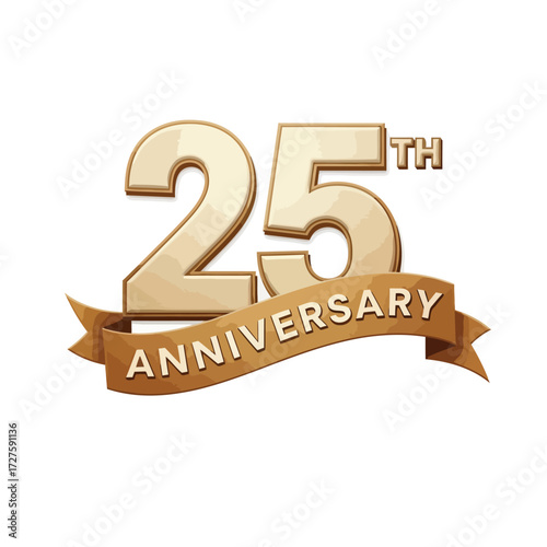 Vector art of golden 25th anniversary logo with ribbon, symbolizing a quartercentury milestone for celebrating a companys or organizations success