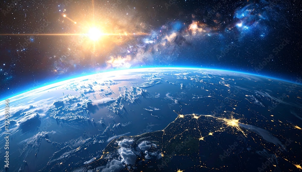 Fototapeta premium Sunlit Earth from space, showcasing a vibrant sunrise, swirling clouds, and city lights